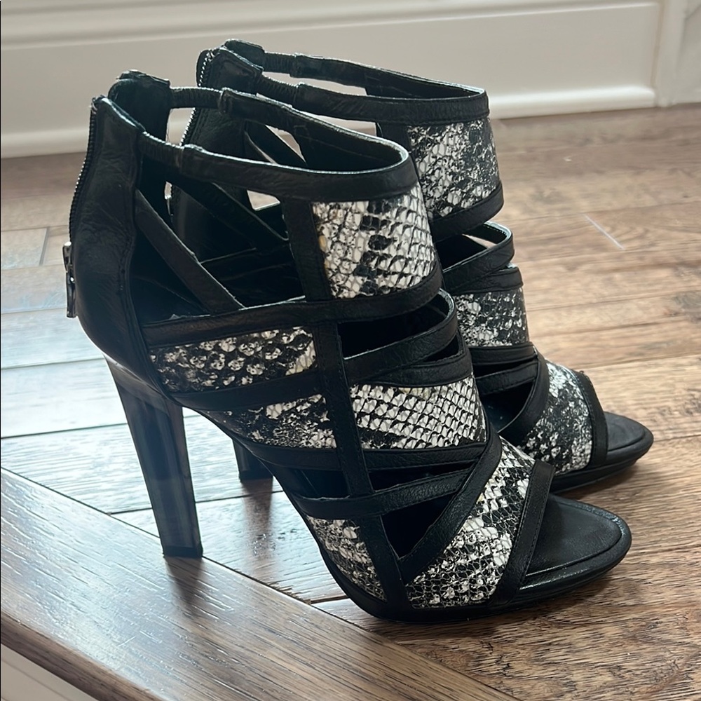 BCBG Shyanna Black and White Strappy Heels 8M